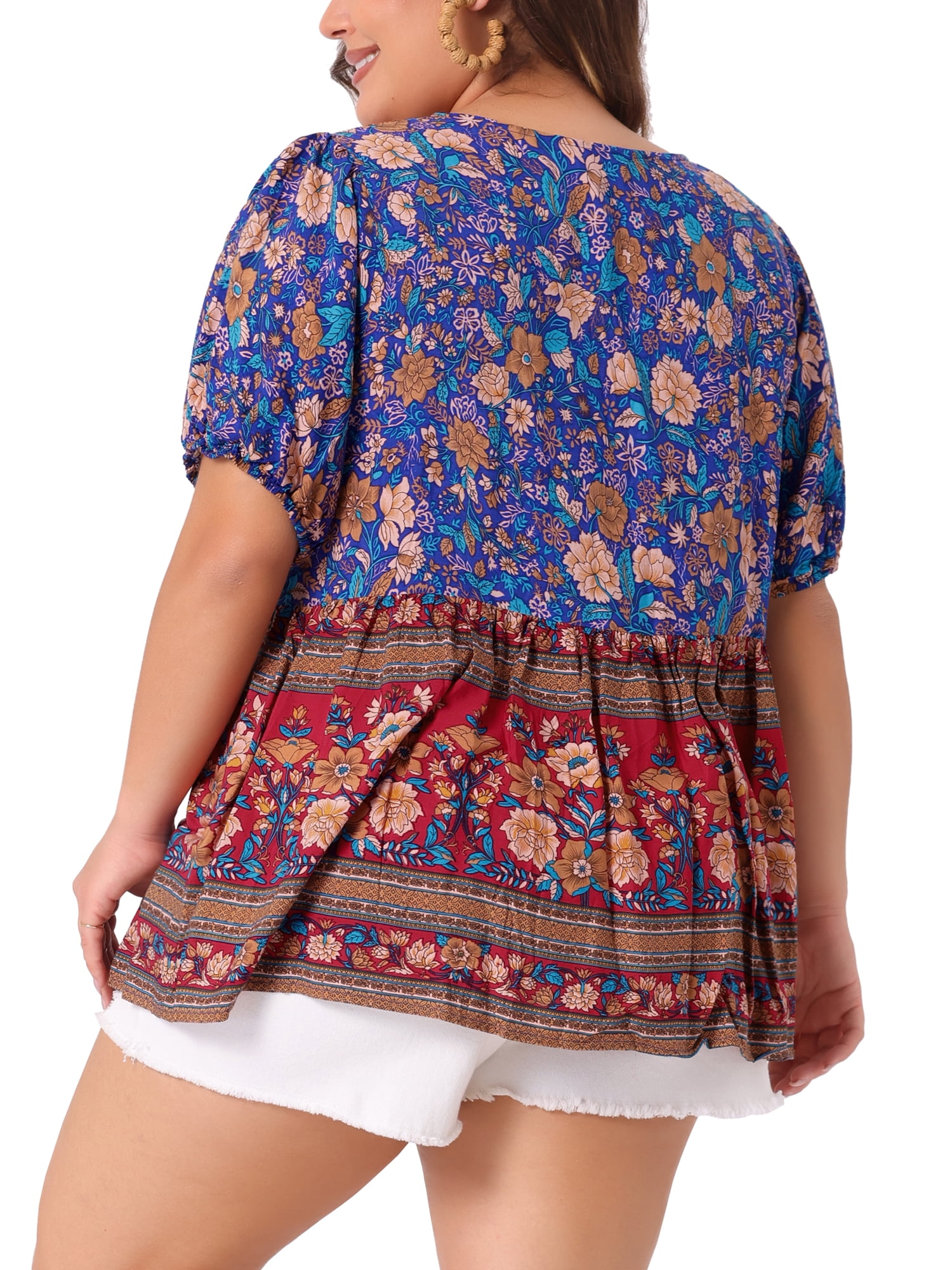 Women's Plus Boho Floral Print V Neck Short Sleeve Summer Blouses 1X Blue