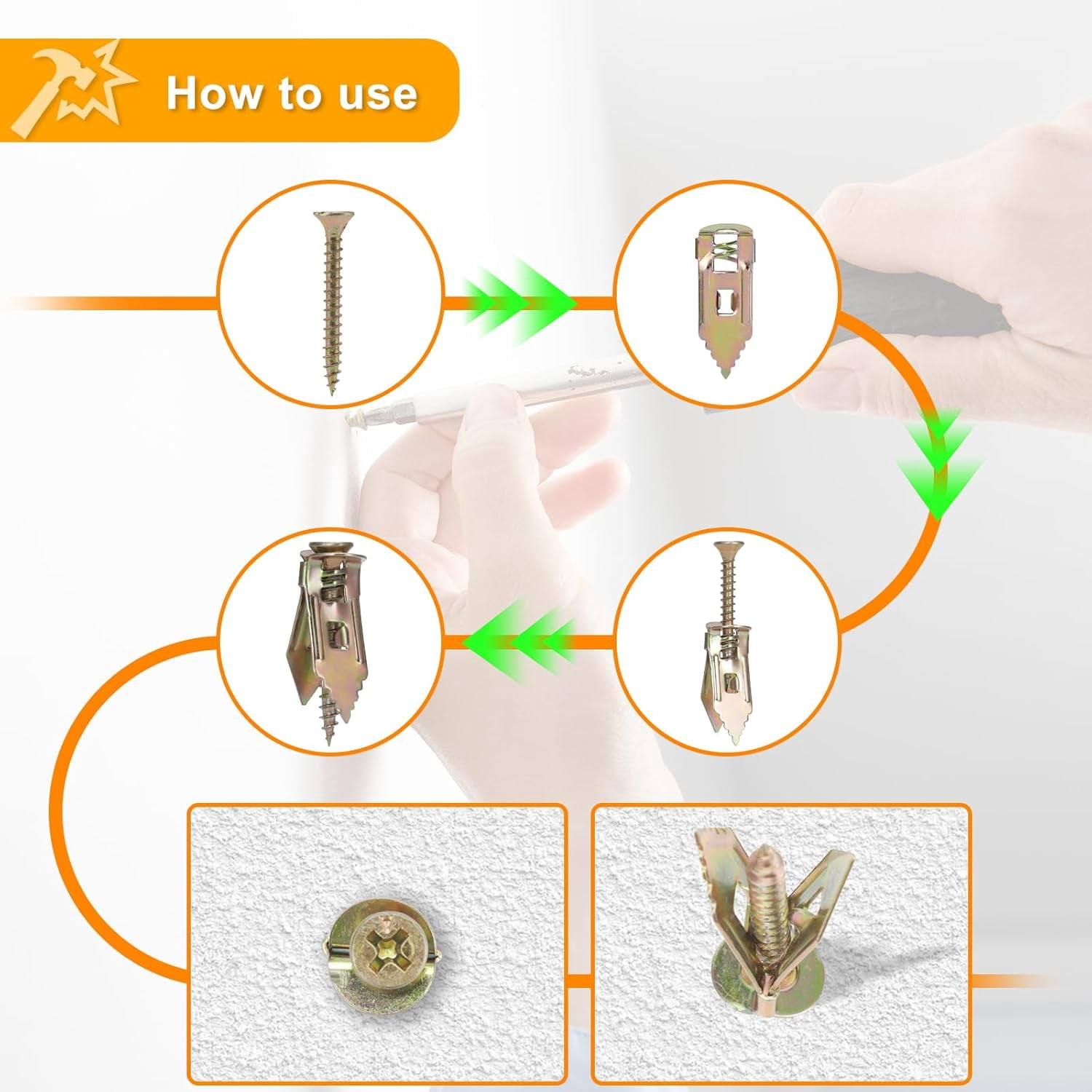 200 Pcs Self-Drilling Drywall Anchors with Screws,Easy to use, no Need to re-Drill The Wall, kit Includes 100 Gypsum Board Anchors (0.47x1.18 inches) and 100 zinc Expansion Screws.
