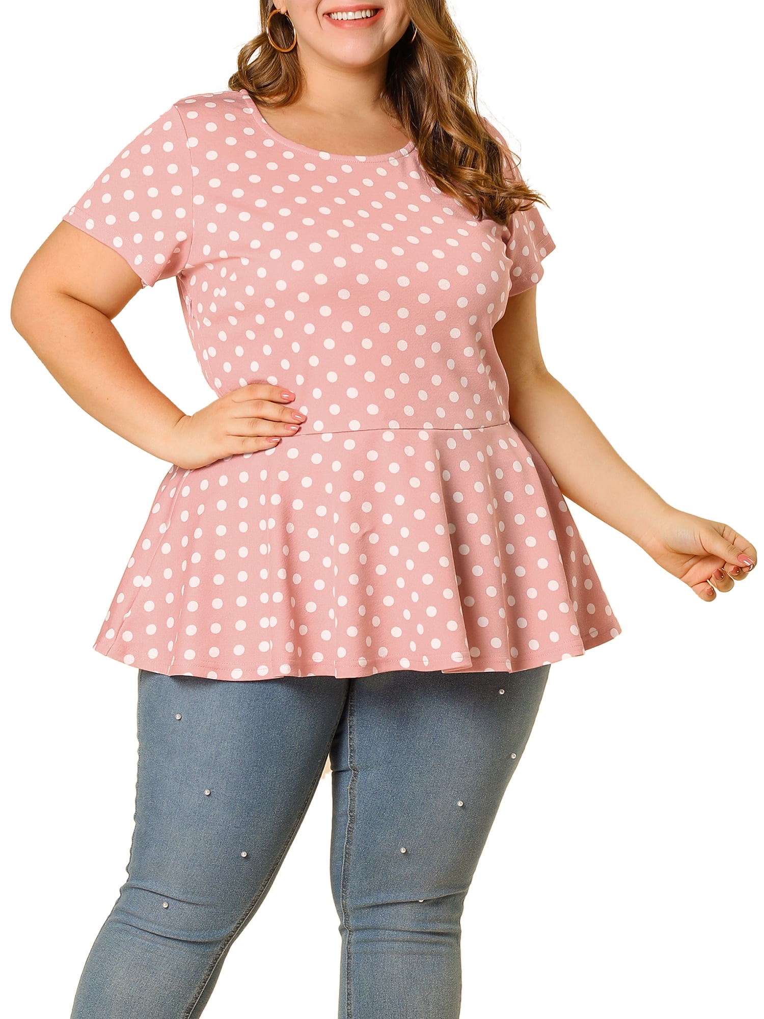 Unique Bargains Women's Plus Size Short Sleeves Polka Dots Outfits Fashion Peplum Blouse