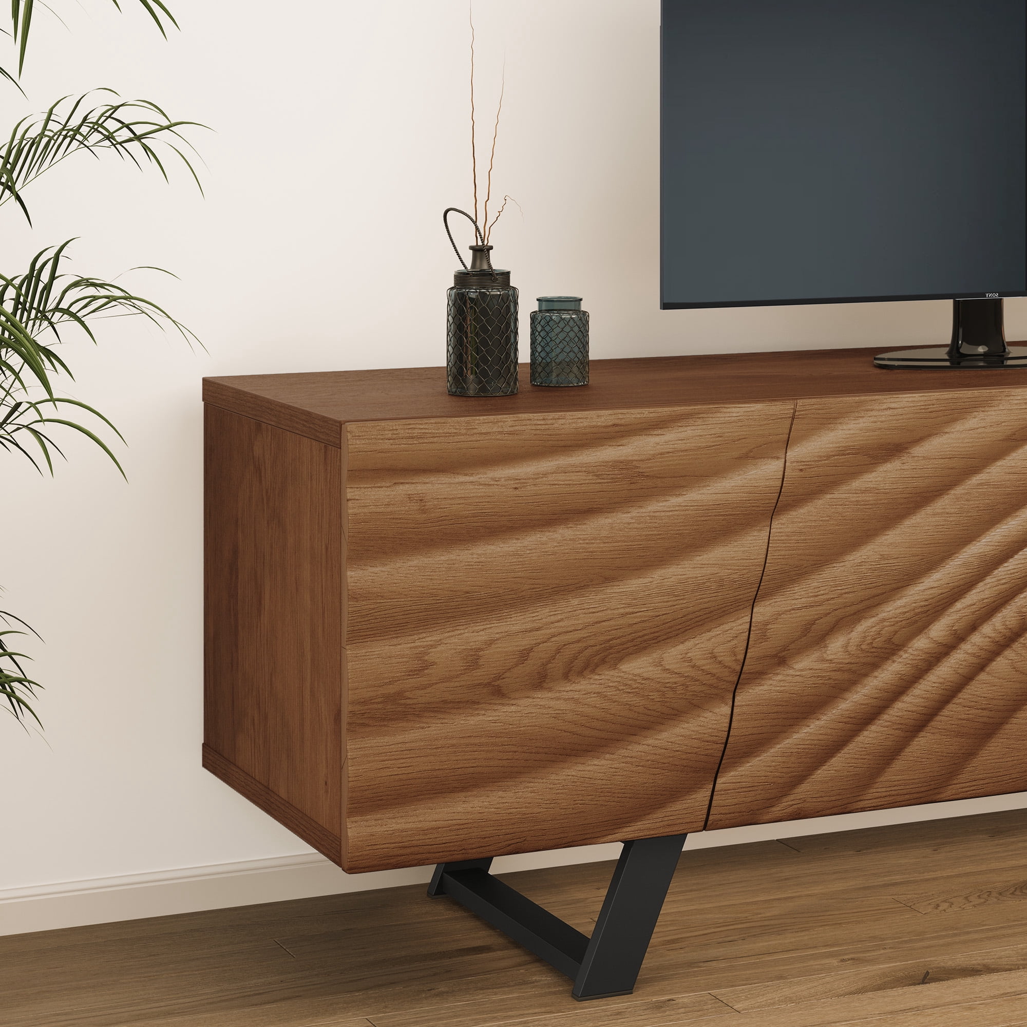 Dextrus Television Stand with Storage Cabinet, Wood Walnut, 68.90 x 20.08 x 5.63 Inches, 97 lb