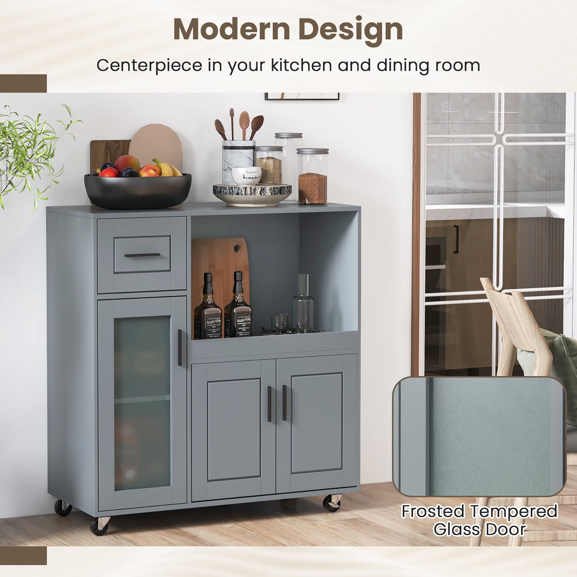 Gymax Kitchen Island Cart on Wheels Microwave Cabinet w/ Frosted Tempered Glass Door
