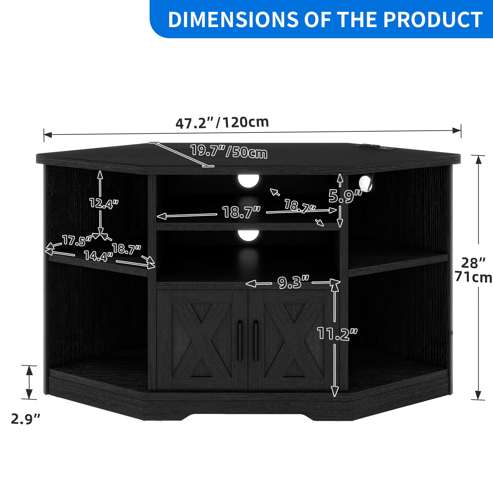 Uforic Farmhouse Corner TV Stand for TVs up to 55 inch with Power Outlet, Wood Entertainment Center with Storage, Black