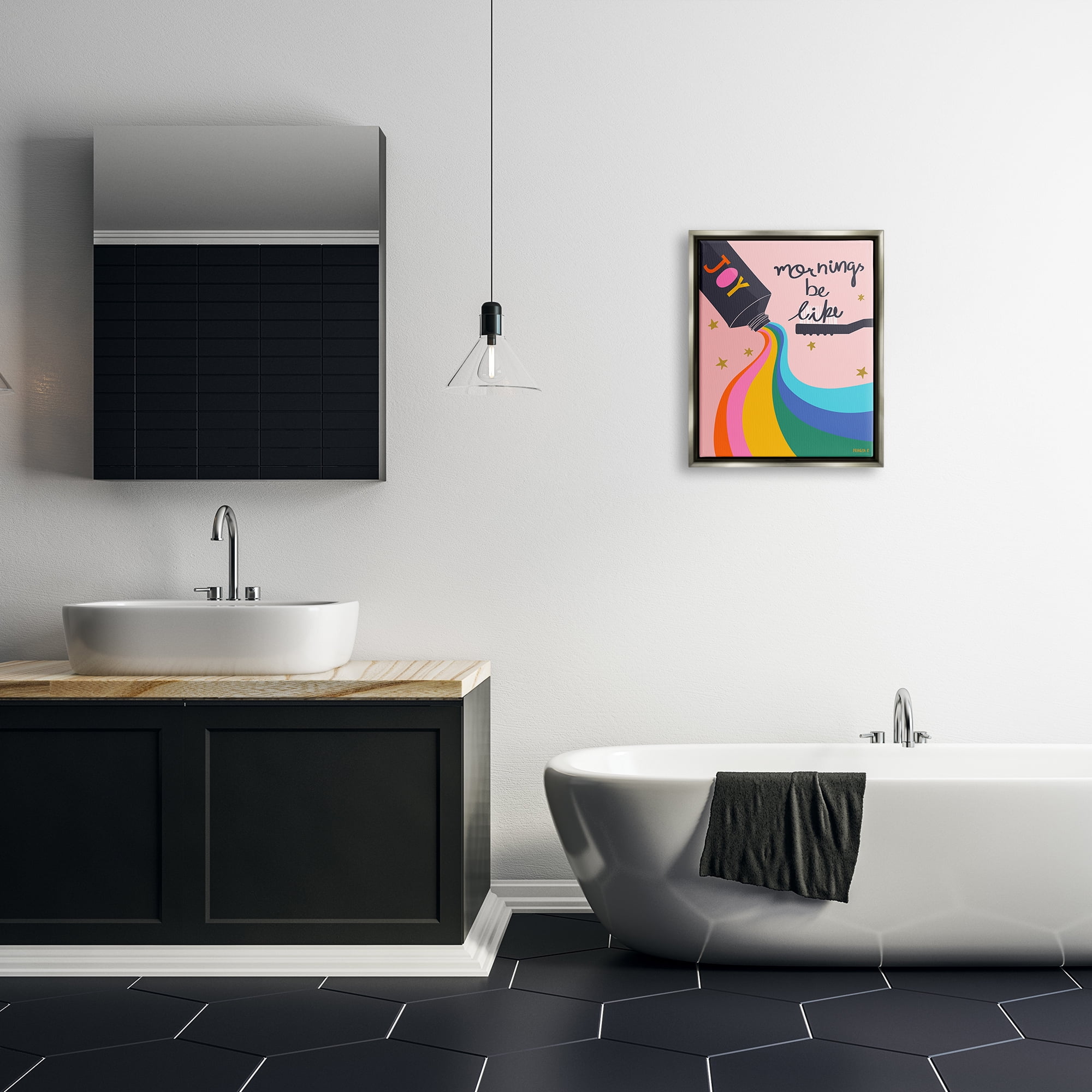 Stupell Industries Mornings Be Like Bathroom Inspirational Painting Gray Floater Framed Canvas Art Print Wall Art, 17 x 21