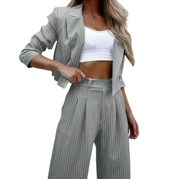 UJNDER Casual Striped Short Lapel Suit Straight Pant Suit Pant Suits for Women Grey S