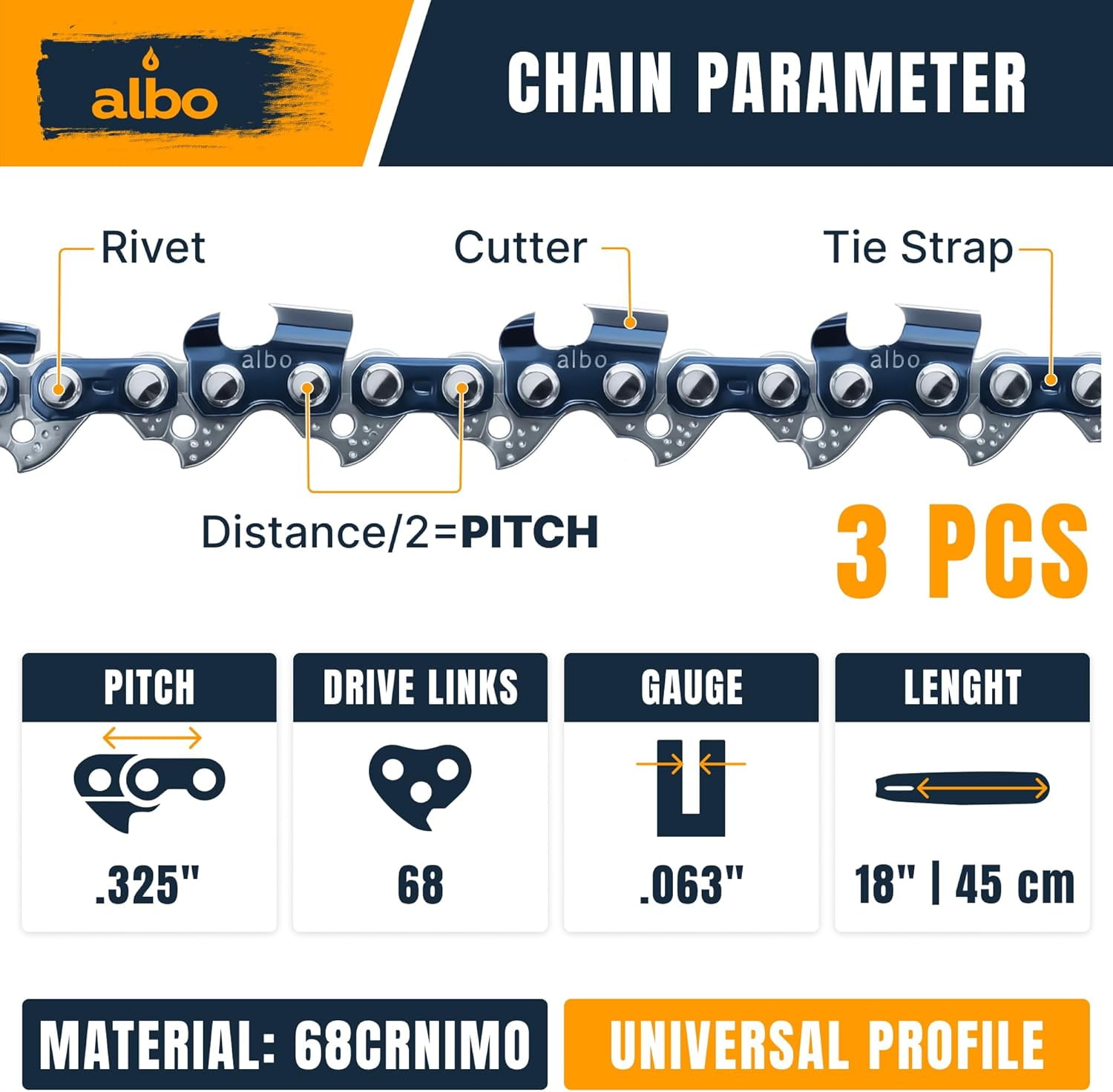3/8" Low-Profile Full-Chisel Chainsaw Chain, 33 Drive Links, for Portland, Greenworks, Kobalt, Remington, Sun Joe, Ego - 3 Pack