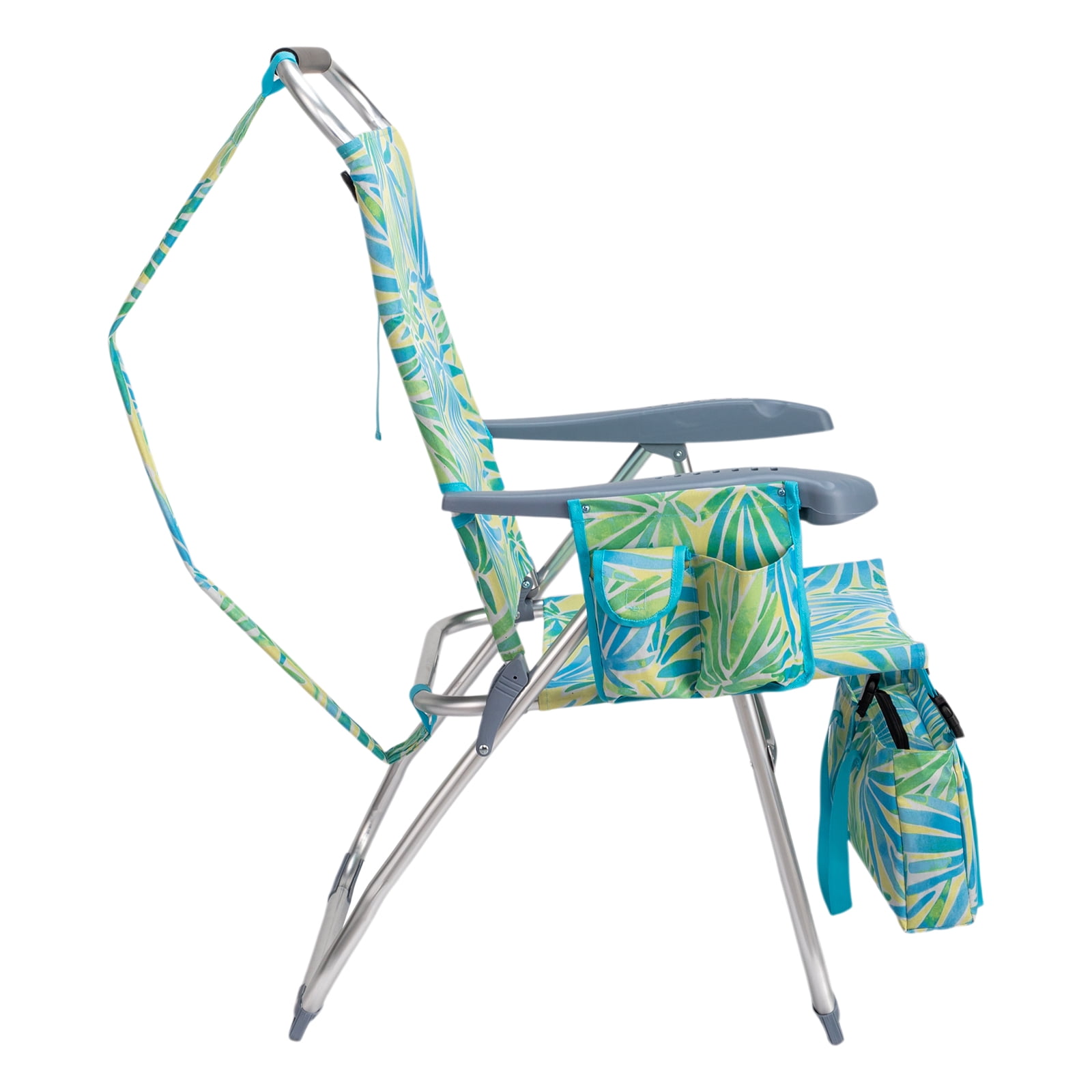 17" High Seat Folding Beach Chair, 7 Position Adjustable Recline Lounge Chair with Padded Headrest, Aluminum Frame Supports 265lbs with Cup Holder Side Pocket & Detachable Storage Tote