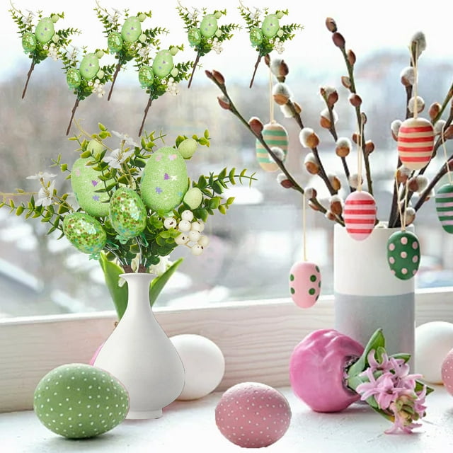 COMTOA Clearance Easter Decorations,6PCS Easter Egg Picks with Flowers,Berry Stems,Spring Artificial Flower Arrangement for Home Vase Easter Decor,Easter Table Centerpieces