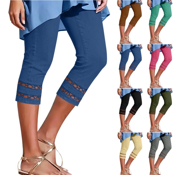 XPMWRP Women Stretch Denim Capri Leggings Double Layer Eyelet Stripe Hem High Waist Casual Summer Jeans with Pockets Army Green XL