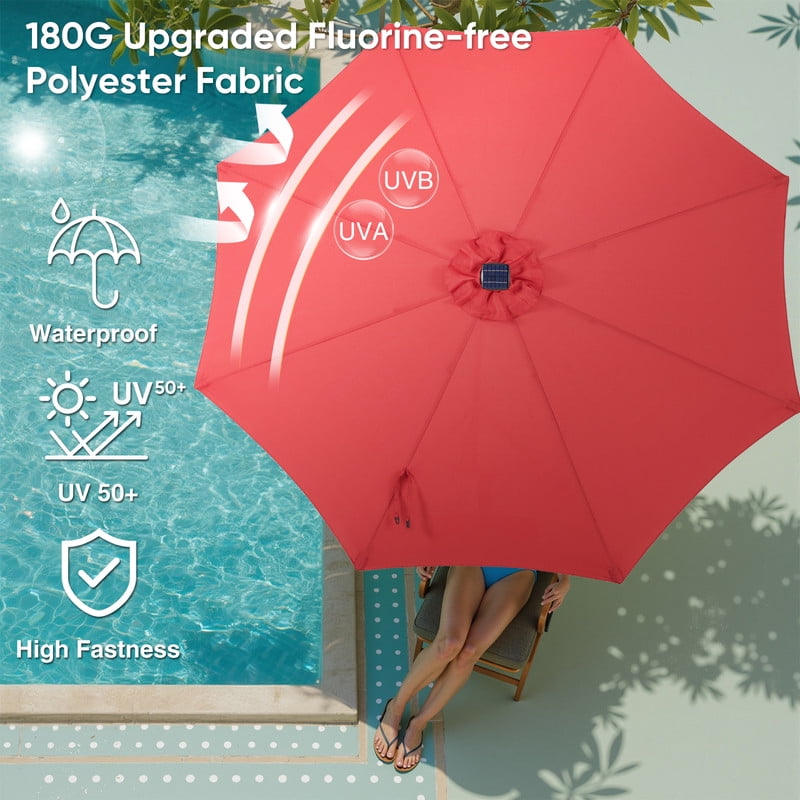 Gianna 10ft Solar Polyester 32 LED Lighted Patio Umbrella with Tilt Adjustment and UV-Resistant Fabric,Red