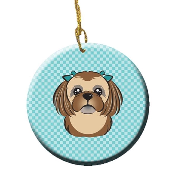Checkerboard Blue Chocolate Brown Shih Tzu Ceramic Ornament, 2.81 In.