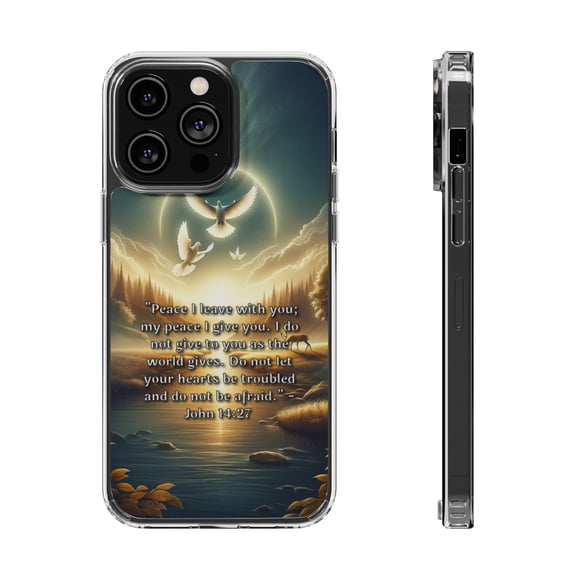 DistinctInk Hybrid (Acrylic / TPU) Clear Slim Fit Case for Apple iPhone 13 Pro (6.1" Screen) - "John 14:27 - The Gift of Peace for Troubled Hearts"