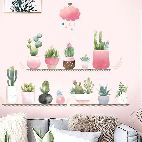 BalsaCircle 35" Green Potted Succulent Plants Shelves Removable PVC Wall Stickers Dorm Room Decorations