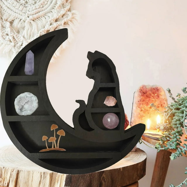 Wooden Moon Phase Display Shelf Wall Mounted Gothic Boho Home Floating Organizer for Stones and Jewelry