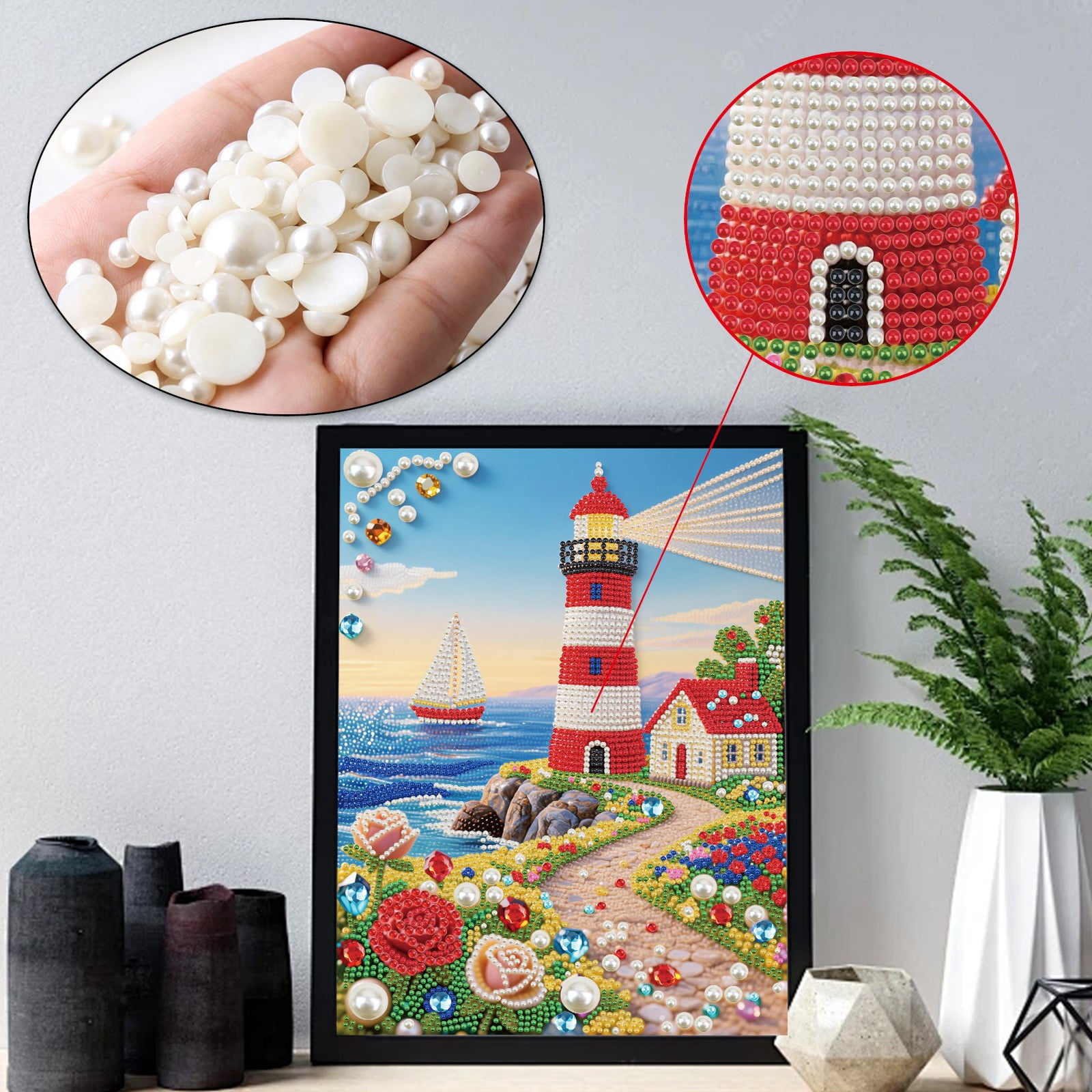 FLOPESN DIY Gemstone Pearl Diamond Art Painting Kit Unframed, 9.84X13.78in, Colourful Canvas Holiday Present Home Wall Decor Unframed-Lighthouse-1
