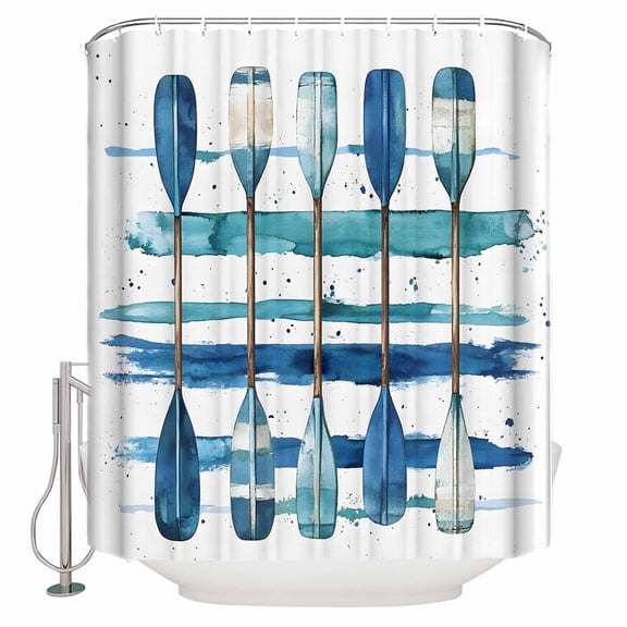 Small Stall Shower Curtain 36x78 Inch Narrow Half Size Lake Paddles Bath Curtains Bathroom Decor Summer Watercolor Teal Blue Striped Waterproof Fabric Shower Curtain Set with Hooks 36 Inch