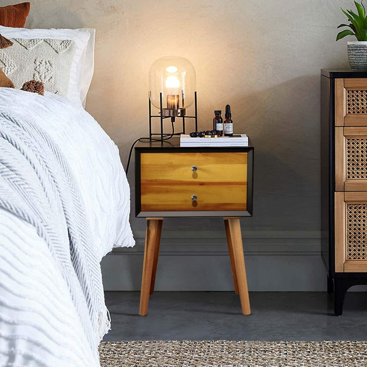 Giantex End Side Table Nightstand with Storage Drawer and Shelf, Wood Nightstand with 2-Drawers, Solid Wood Legs Living Room Bedroom Furniture