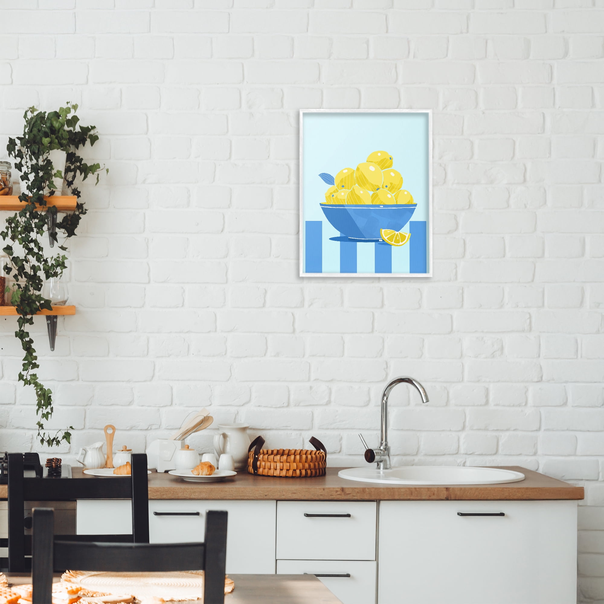 Stupell Industries Yellow Lemon Bowl Striped White Framed Giclee Art, design by Lucca Sheppard