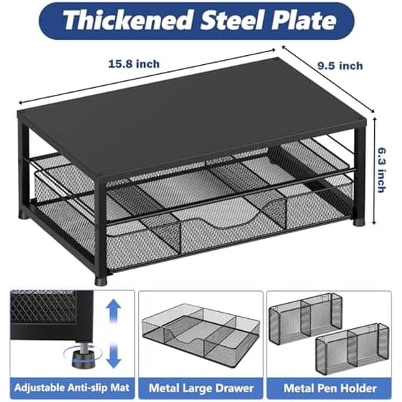 Desk Organizer and Accessories, 2-Tier Computer Monitor Stand Riser with Drawer and 2 Pen Holders, Laptop Stand, Office Desk Accessories for Office Supplies, Black