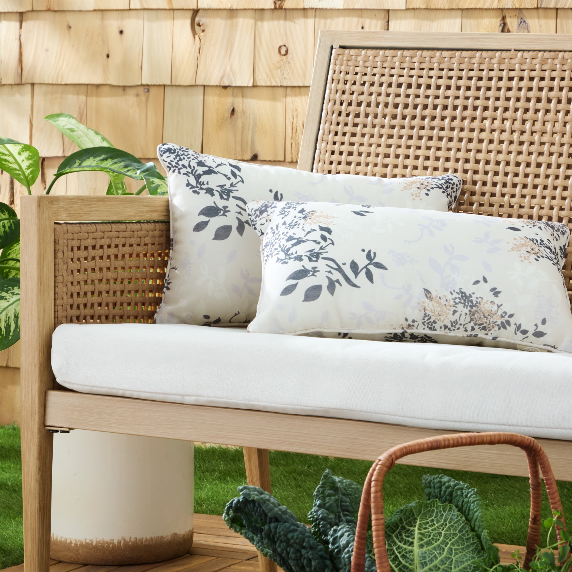MARTHA STEWART Charming Foliage Indoor Outdoor Decorative Lumbar Pillow 2-Pack Set, UV Fade Resistant, Water Repellent, Printed Floral Design, Warm Grey, 11"x18"