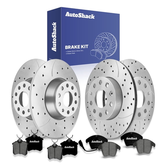 AutoShack Front Vented & Rear Solid Drilled & Slotted Silver Zinc Coated Brake Rotors   Premium Ceramic Pads 12-PC Brake Kit Replacement for 2015-2018 Volkswagen Jetta SilverShield Pro