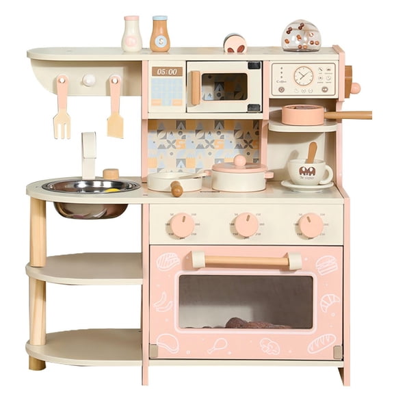 Wooden Kids Kitchen Playset, Toy Play Kitchen Set with Dishes, Cooktop, Coffee Cup & Cookware, Pink Role Play Gift for Toddler Girls Ages 3-8