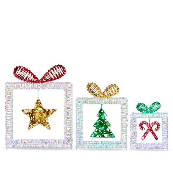 Set of 3 Lighted Iridescent Cut-out Gift Box Christmas Decorations, Pre-lit Holi