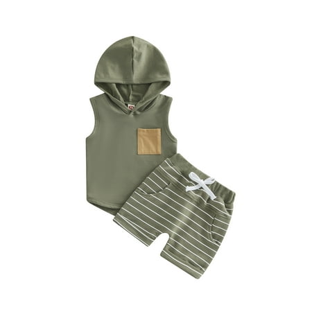 

Toddler Baby Boy Clothes Set Sleeveless Solid Color Hooded Tank Top Hoodie Top Striped Drawstring Shorts Cute Summer Outfit