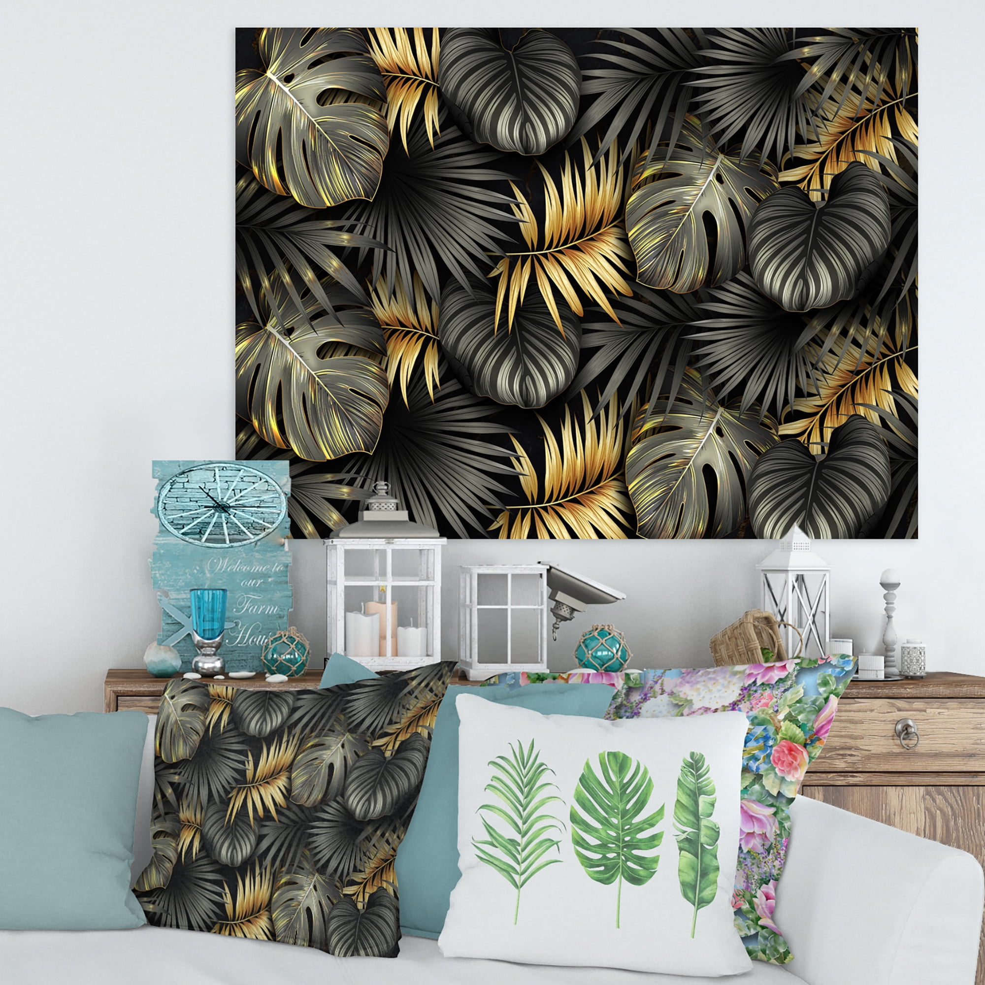 Designart ' Gold and Black Tropical Leaves II ' Modern Canvas Wall Art Print