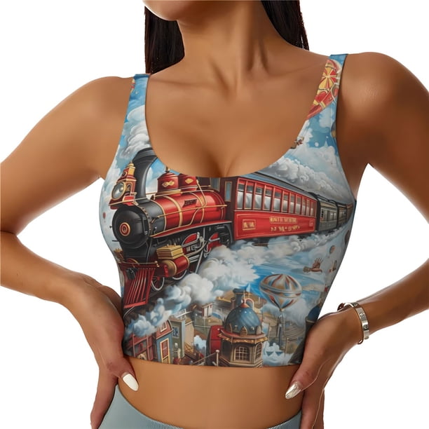 Fotbe Red Train Hot Air Balloon Sujetador Deportivo Largo sin Aros para Mujer con Almohadillas y Soporte Medio, Transpirable y Absorbente, Camiseta Tipo Chaleco o Tank Top-XX-Large