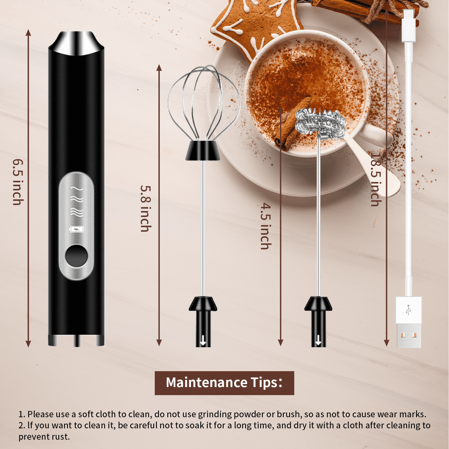 Quanmin Rechargeable Milk Frother Wand Ultra Fast Handheld Drink Mixer Electric Whisk Foam Maker for Coffee, Egg, Lattes, Cappuccino, Matcha, Hot Chocolate,Black
