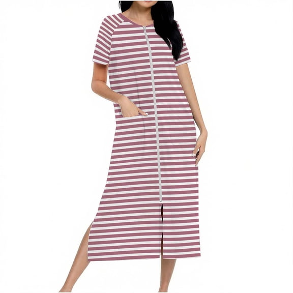 Puntoco Women short sleeves Zipper Robe Long Sleeves House Coat Soft Bathrobe Sleepwear with Pockets stripe symbol Housecoat Loungewear Red-G XL