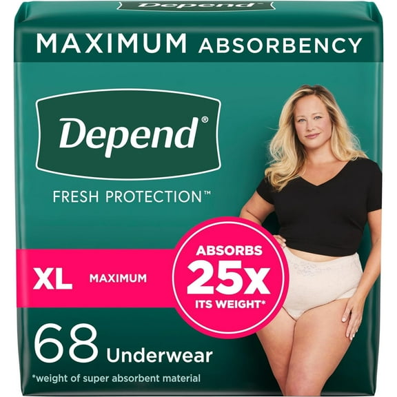 Depend Fresh Protection Adult Incontinence Postpartum Bladder Leak Underwear for Women, Disposable, Maximum, Extra-Large, Blush, 68 Count (2 Packs of 34), Packaging May Vary