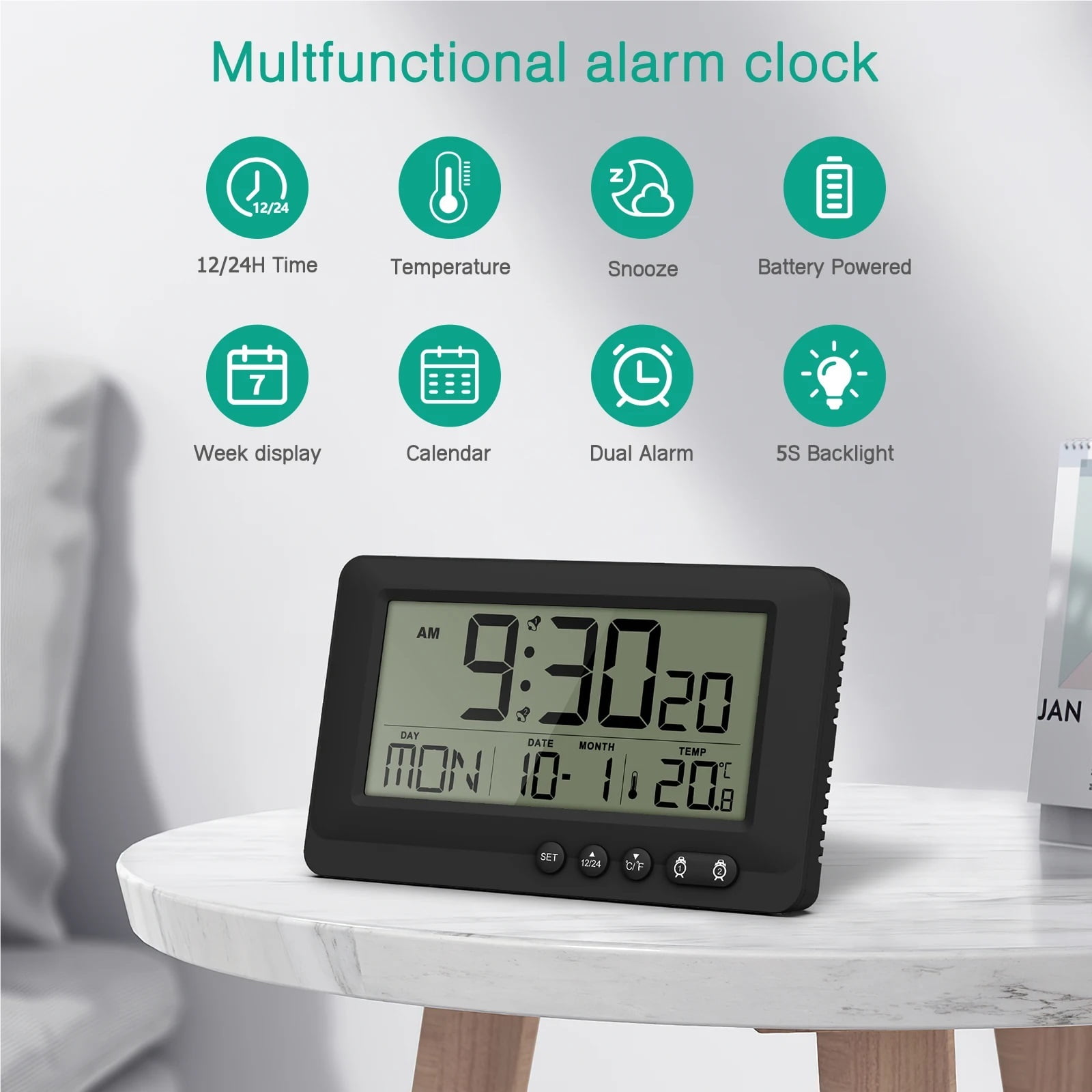 CHUNYAN Digital Alarm Clock LCD Display Travel Alarm Clock Small Digital Clock With Calendar Temperature Battery Operated Clocks