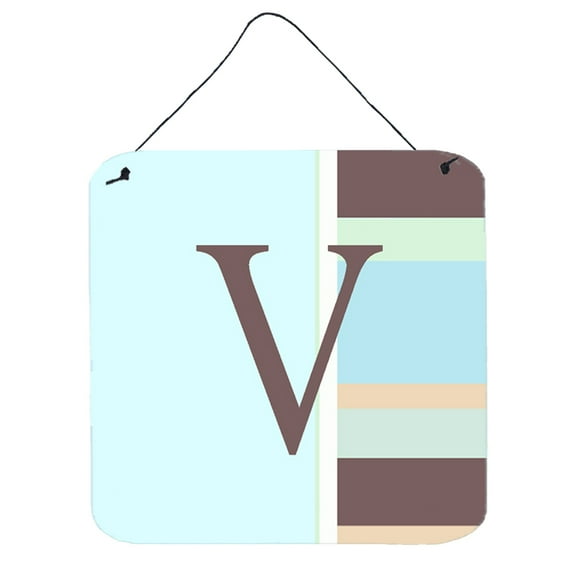 Letter V Initial Monogram - Blue Stripes Wall or Door Hanging Prints