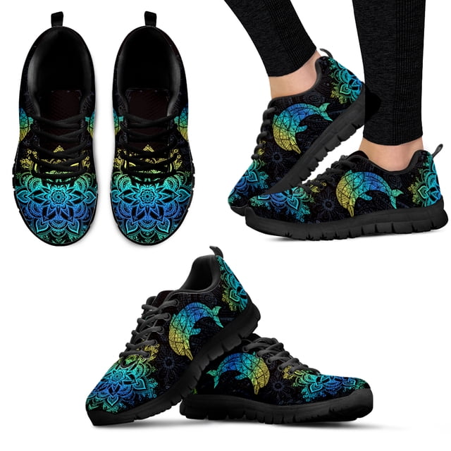 Zapatos de mandala degradado, elegantes zapatos casuales con estampado de delfines, zapatos bohemios para exteriores, zapatillas con cordones, zapatos planos