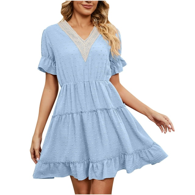 EQWLJWE Robes d'Été pour Femmes 2023 Mode Féminine Couleur Unie Confortable Manches Courtes Décontractées Robe en Dentelle Découpée