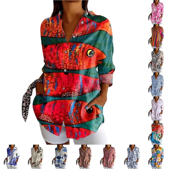 XIAONU Summer Women's Animal Motif Turn Down Collar Shirt Dress Rollable Sleeve Urban Daily Tunic Blouse