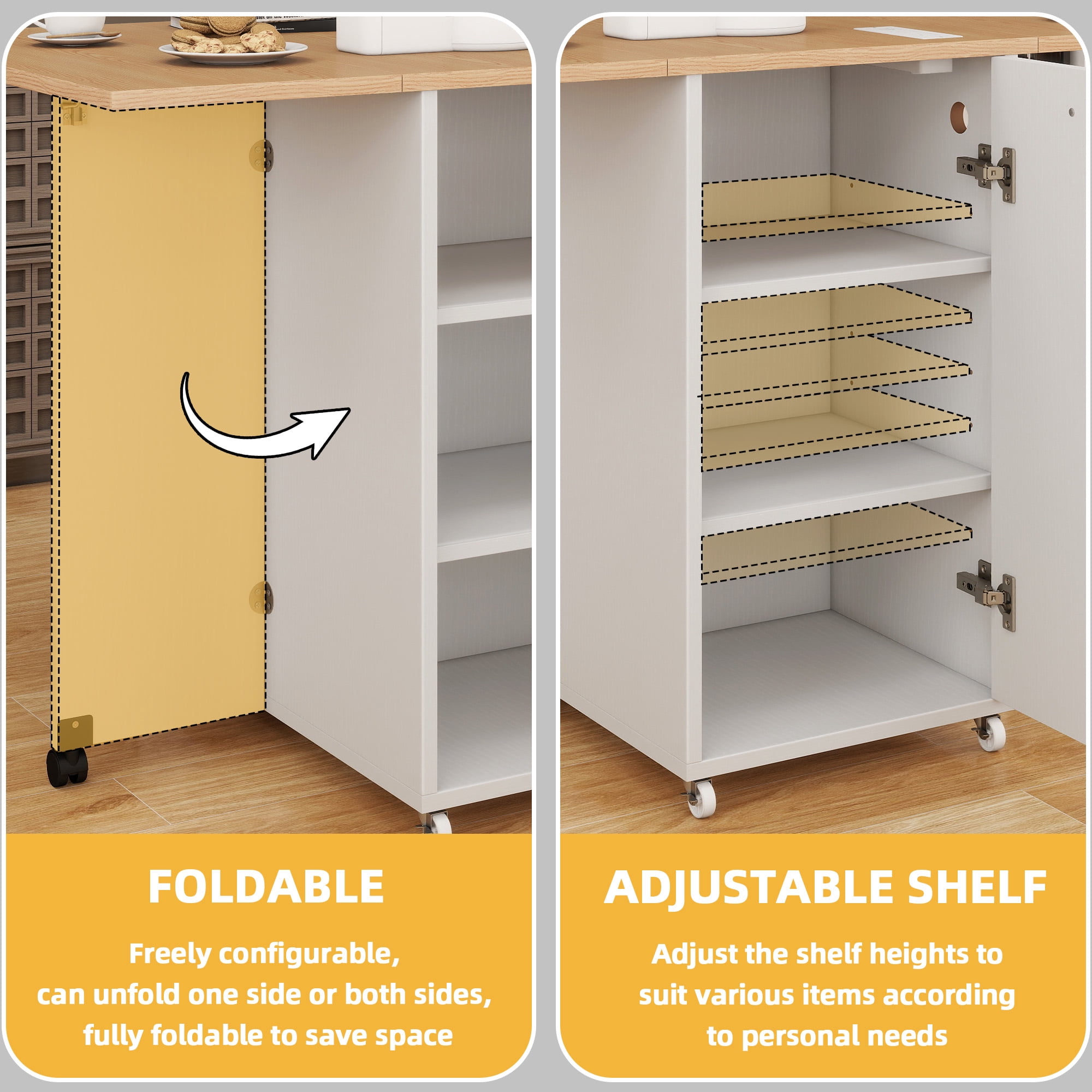 Craftian Rolling Kitchen Island with Cabinet for 10-Gallon Trash Bin, Kitchen Storage Cart with Drop Leaf & Power Outlets, White