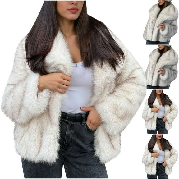 Hueook Faux Fur Coat Womens Ladies Warm Faux Furry Coat Jacket Winter Solid Turn Down Outerwear Silver 2X