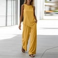 thumbnail image 4 of Neewe Two Piece Sets for Women Summer Outfits Lounge Cotton Linen Sets Round Neck Tops Wide Leg Long Pants Daily Outfits, 4 of 8