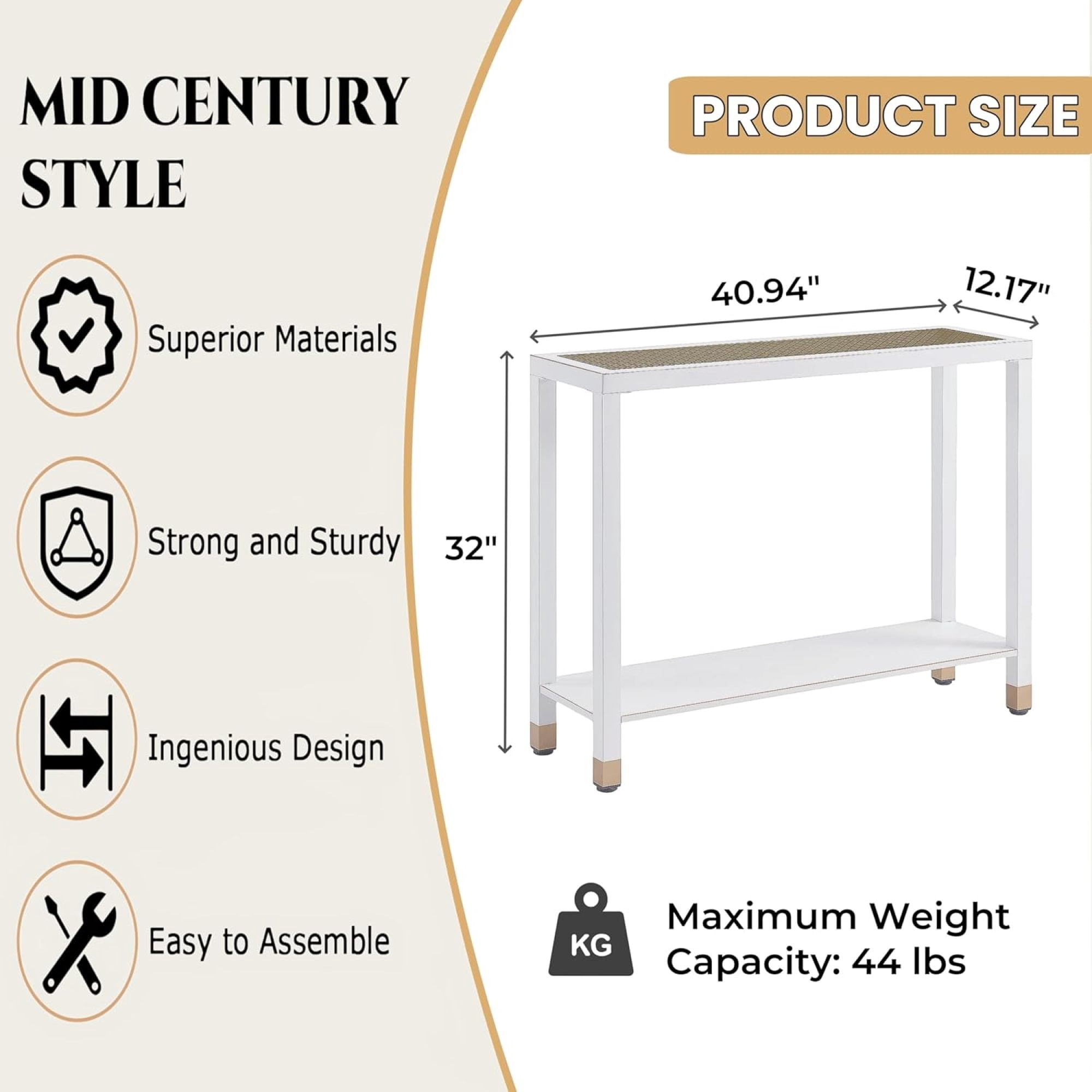 Leumius Glass Entryway Table, 2-Tier Entry Way Console Entrance Table, 41"L Narrow Sofa Table with Shelves for Hallway, Entryway, Living Room, Foyer, Corridor and Office White