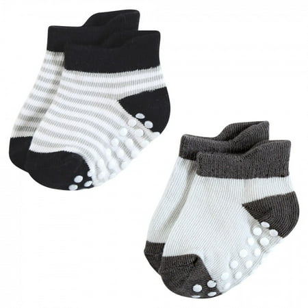 Hudson Baby Infant Boy Non-Skid No-Show Socks, Black White Stripes, 0-6 Months