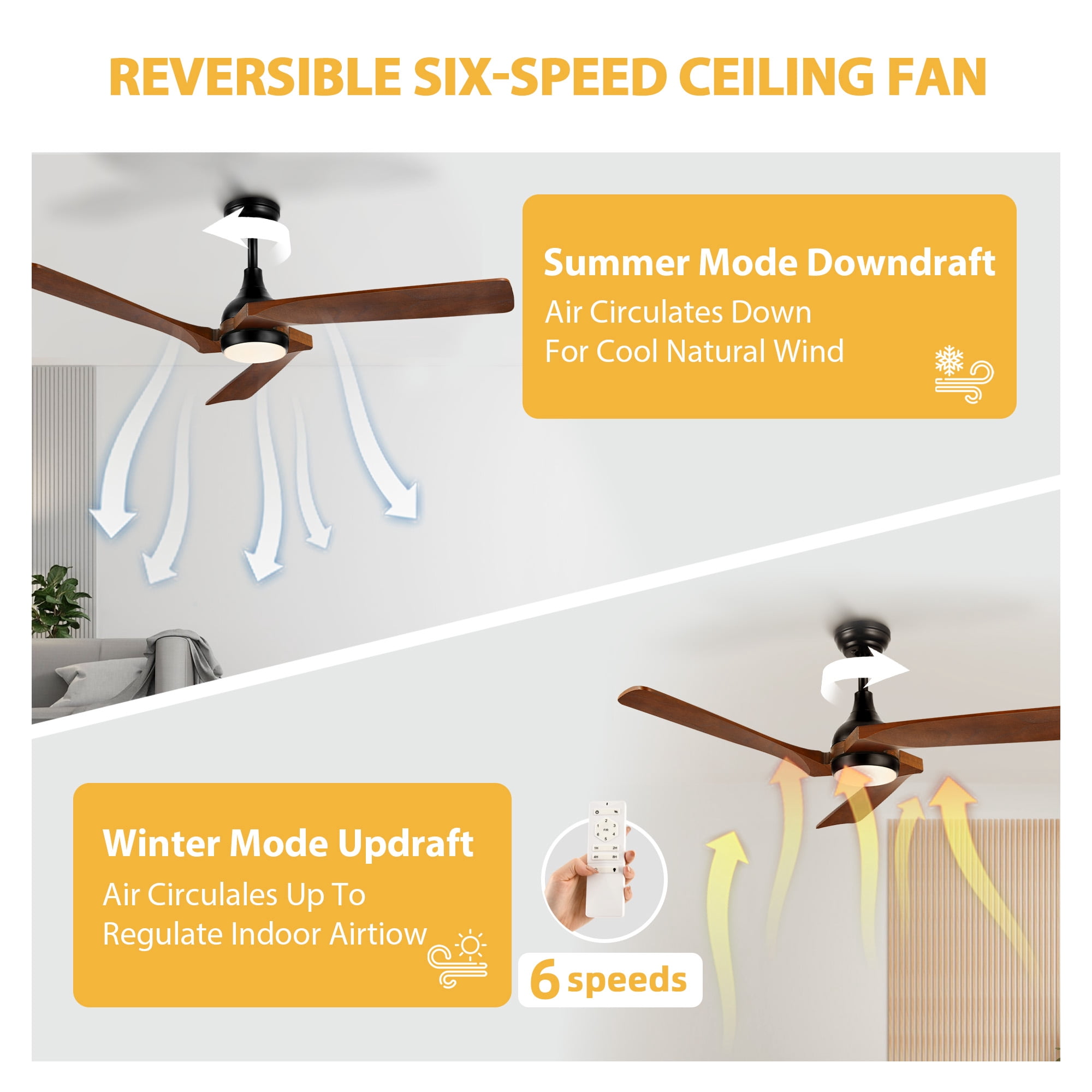 DWVO 52in Ceiling Fan with lights Remote Control, Modern Ceiling Fan with 6-Speed, 3 Solid Wood Blades - Walnut & Black