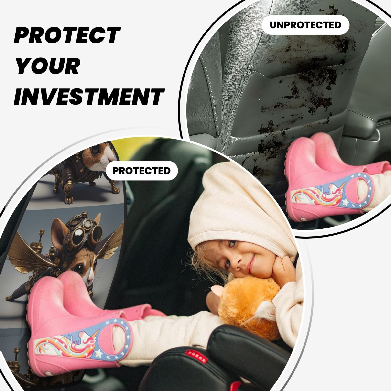 Xecao Steampunk Squirrel Pilot Pattern Car Seat Back Protector 2 Pack Large Capacity Pocket, Kick Mats Back Seat Protector
