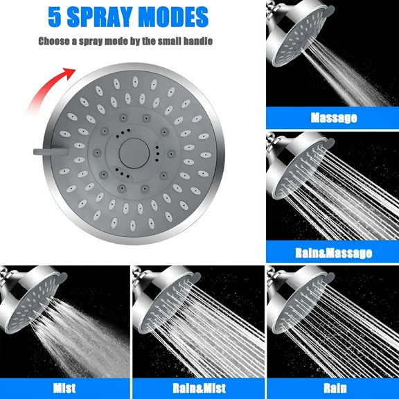 HIBIBUD Replacement High Pressure Shower Head 5 Settings Fixed Showerhead 4.1 Inch High Flow Shower Head Bathroom Shower Head Tool-free Installation Luxury Modern Rain