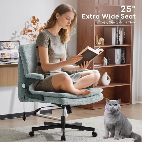 Criss Cross Legged Office Chair with Flip-Up Back, Built-In Dynamic Airbag Lumbar Support, Wide Seat Desk Chair with Flip-Up Arms, Modern Cross-Leg Chair for Home Office, Vanity, Light Green