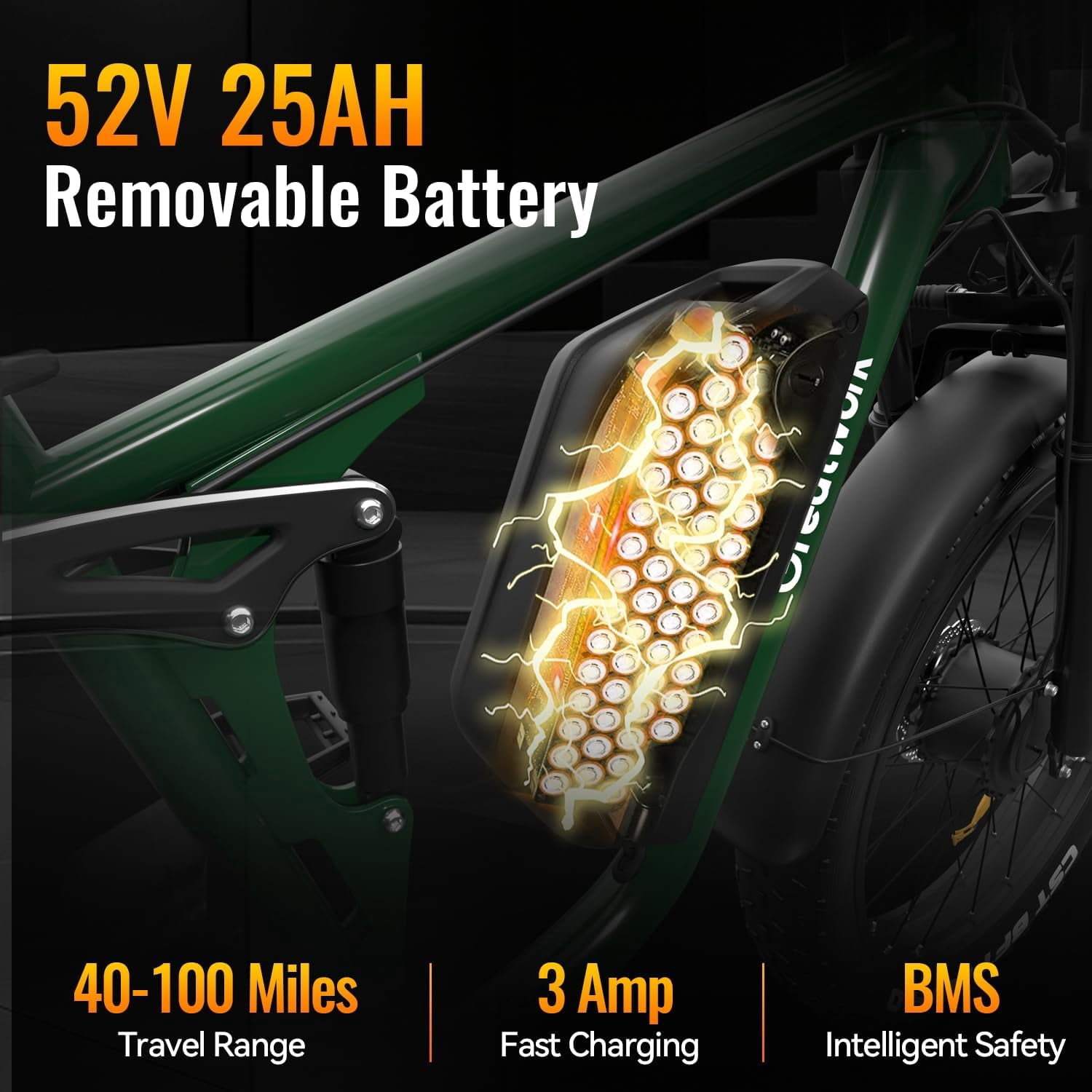 Electric Bike for Adults, Peak 5000W Motor 52V-25Ah, 26x4.0 Fat Tire E-Mountain Bicycle, Full Suspension Beach Snow 100 Miles Range Ebike UL2849
