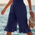 thumbnail image 5 of iHPH7 Women's Linen Blend High Waisted Capris Smocked Pedal Pushers with Pockets Wide Leg Ruffle Hem Cropped Pants Casual Summer Vacation Lounge Bottoms Navy XXL, 5 of 6
