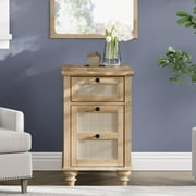 WAMPAT Farmhouse End Table with Charging Station, Wood Sofa Side Table with 1 Drawer&1 Storage Cabinet, Rattan Weaving End Table with Power Outlets & USB Ports for Living Room, Bedroom, Oak