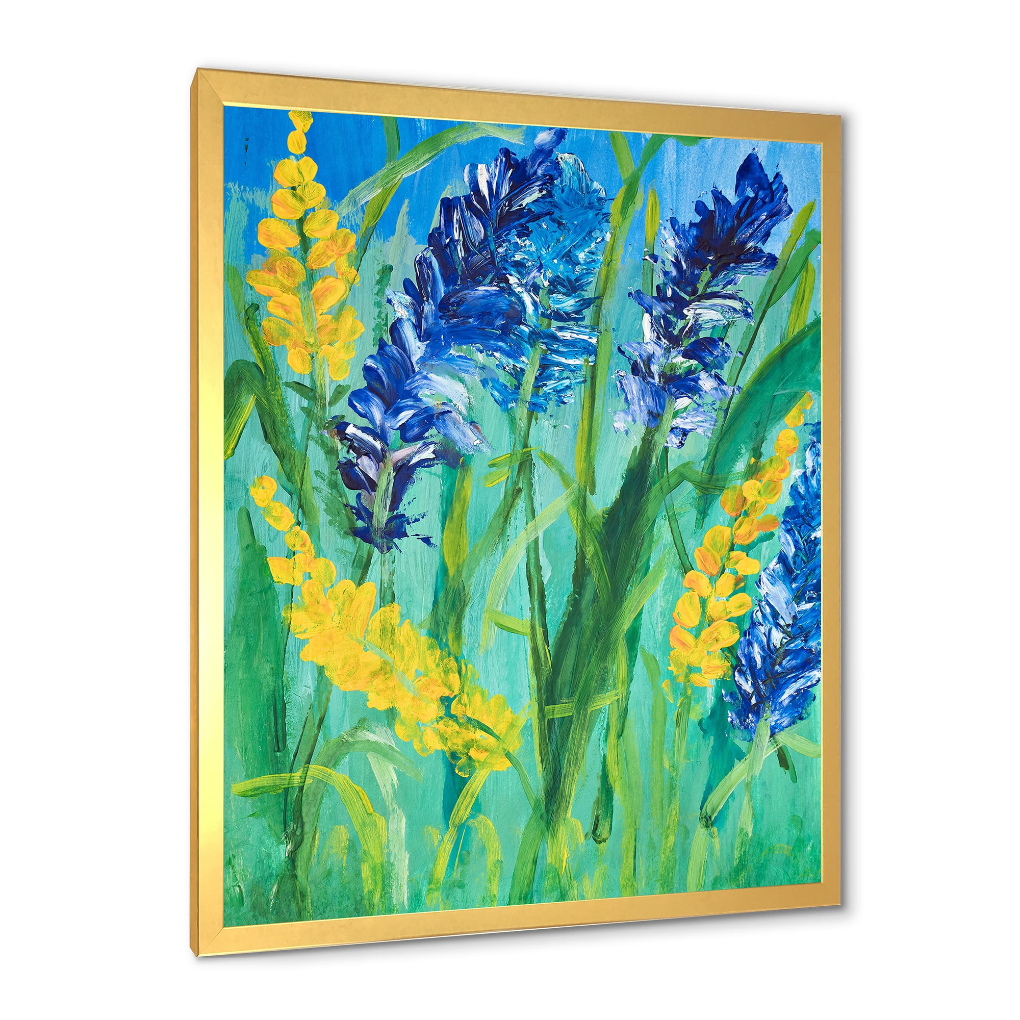 Designart 'Yellow and Blue Wild Flowers and Grass Gouache' Traditional Framed Art Print